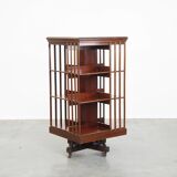 Large Antique Wooden English Book Carousel with Cast Iron Base