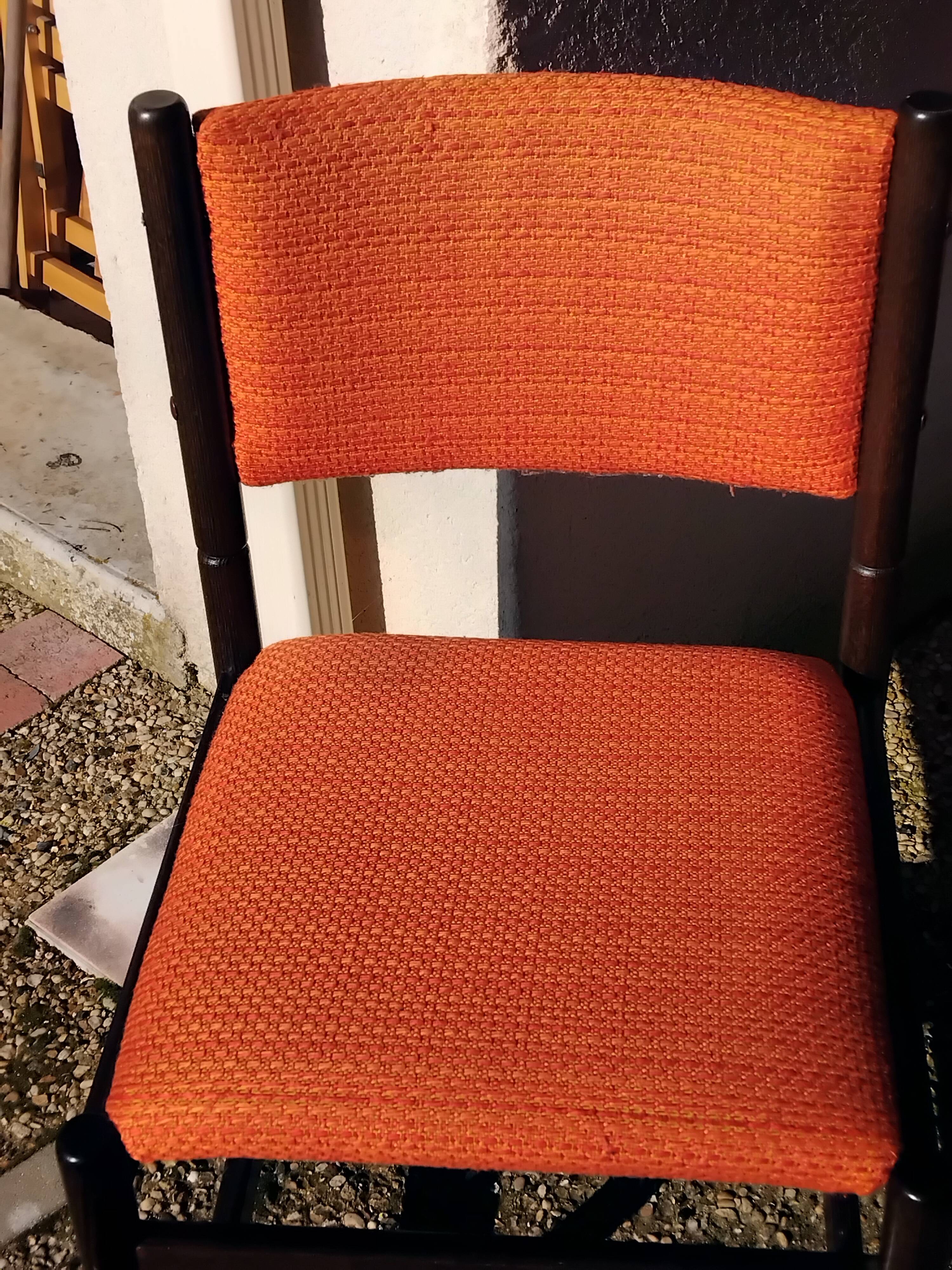 6 vintage wooden and orange fabric chairs
