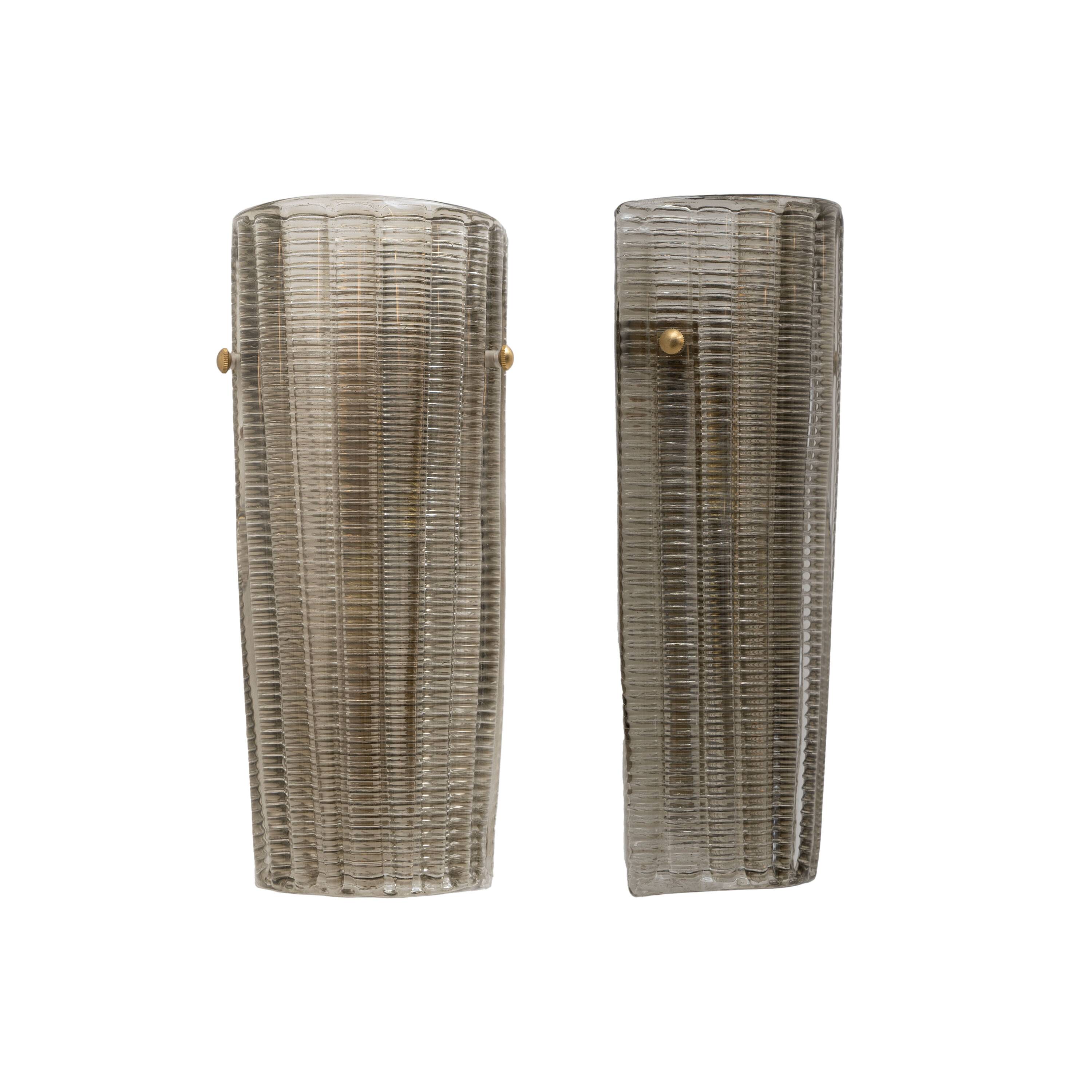 Pair of Murano Glass Wall Sconces Smoke Glass and Brass, Italy