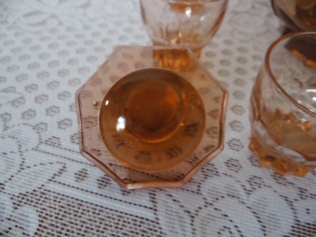 Pink glass liqueur carafe and 6 matching glasses