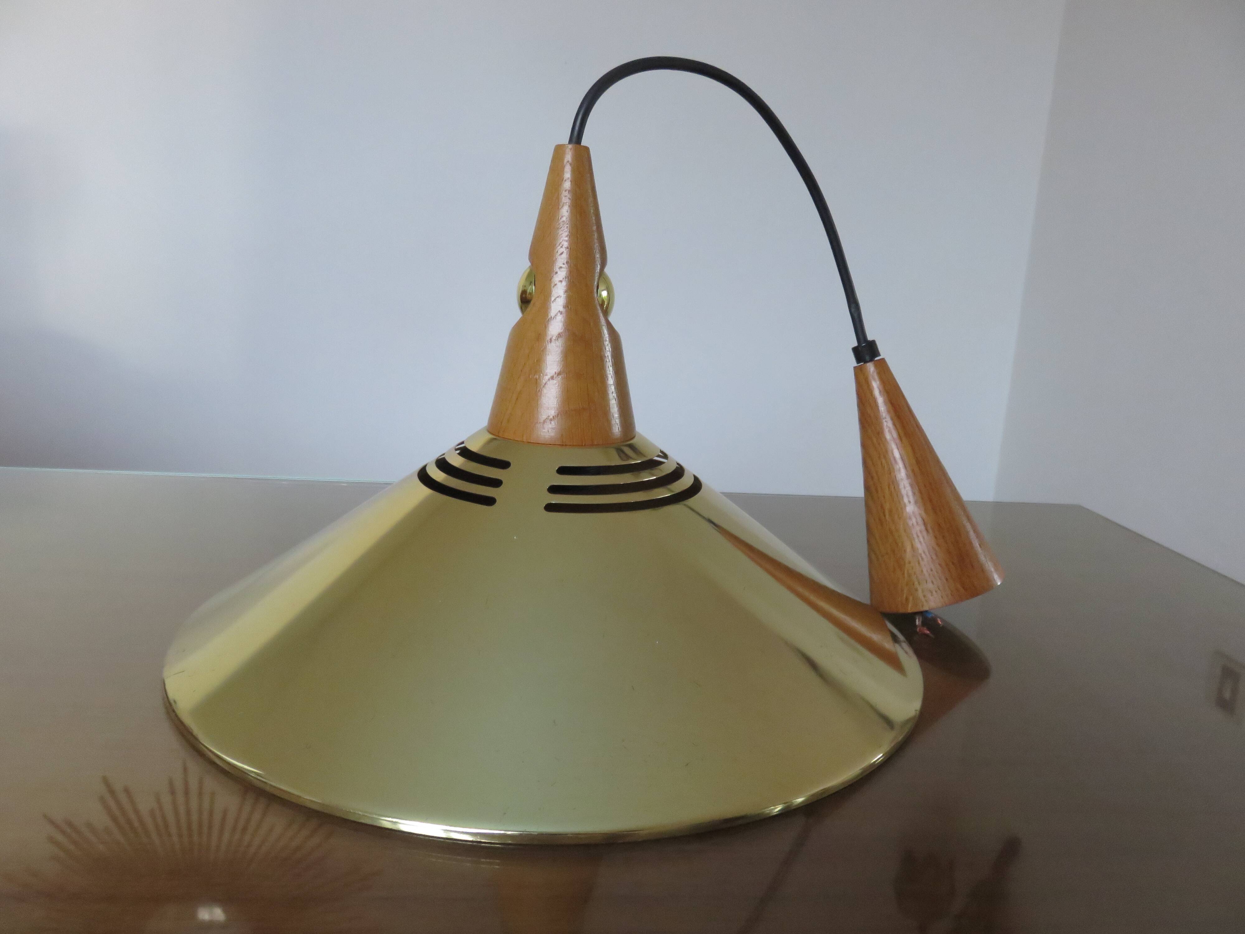 Scandinavian teak and gold metal pendant light from the 70s