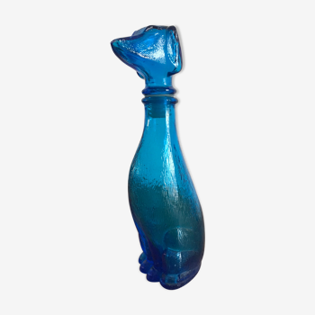 Vintage bottle in blue glass of Empoli in the shape of a dachshund made in italy