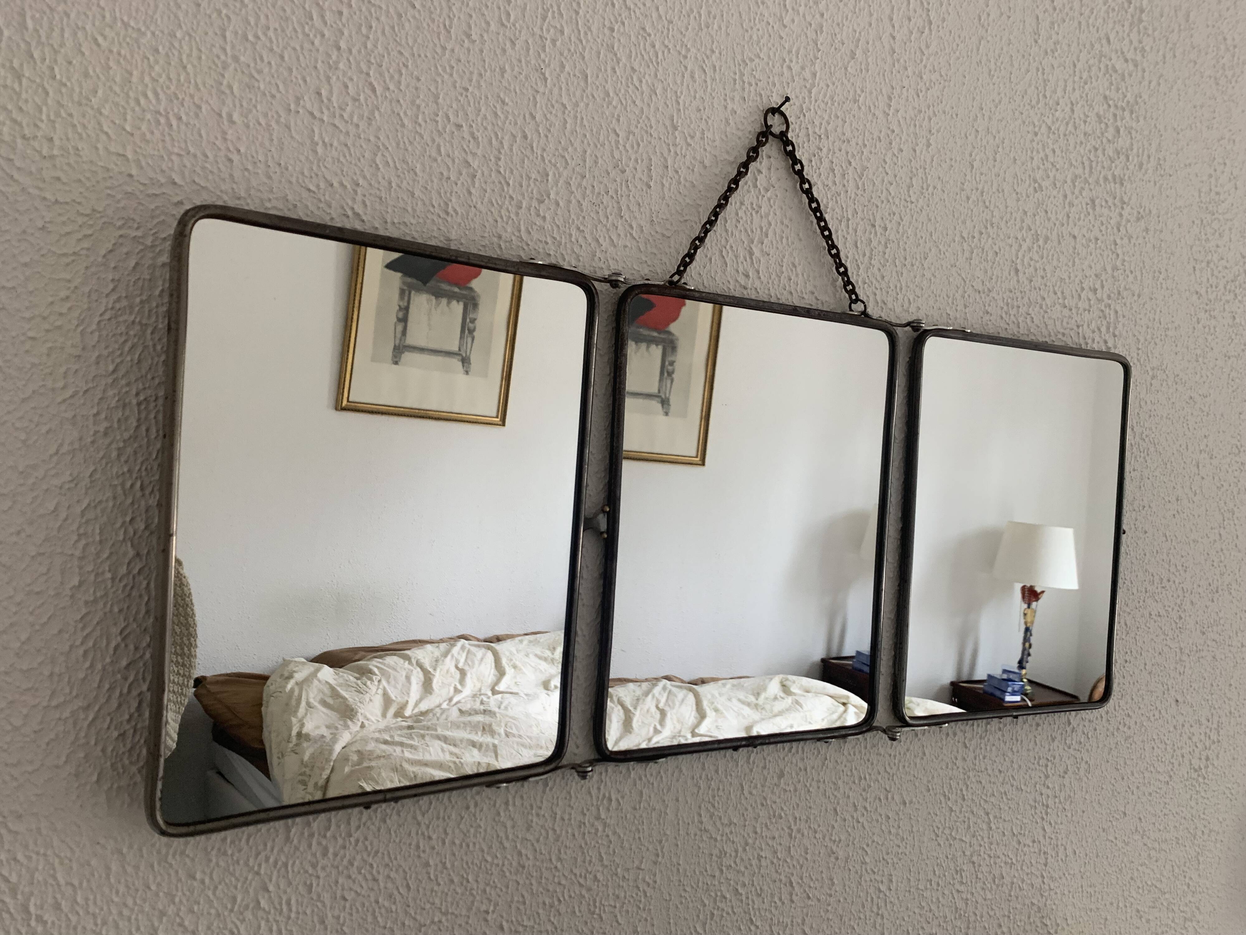 Vintage 1950s triptych barber mirror in black faux lizard - 27 x 67