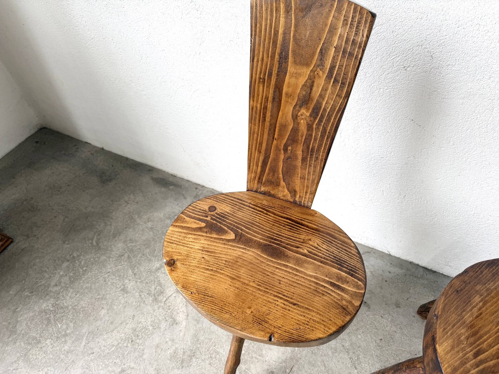 Set of three alpine chairs in solid pine, France, 1950s.