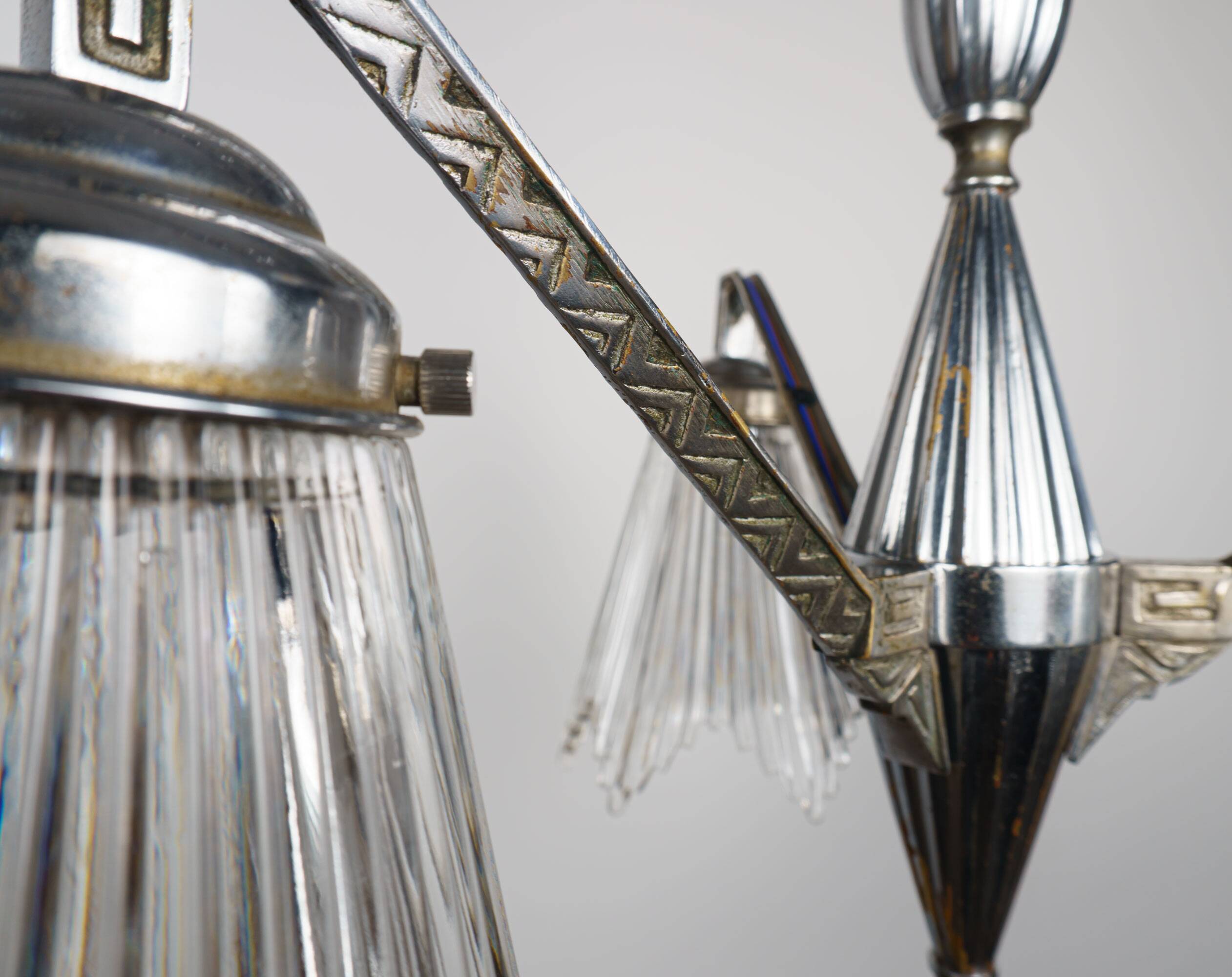 1930s French Art Deco Chrome Chandelier with Prismatic Glass Shades