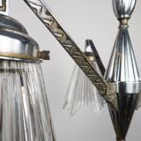 1930s French Art Deco Chrome Chandelier with Prismatic Glass Shades