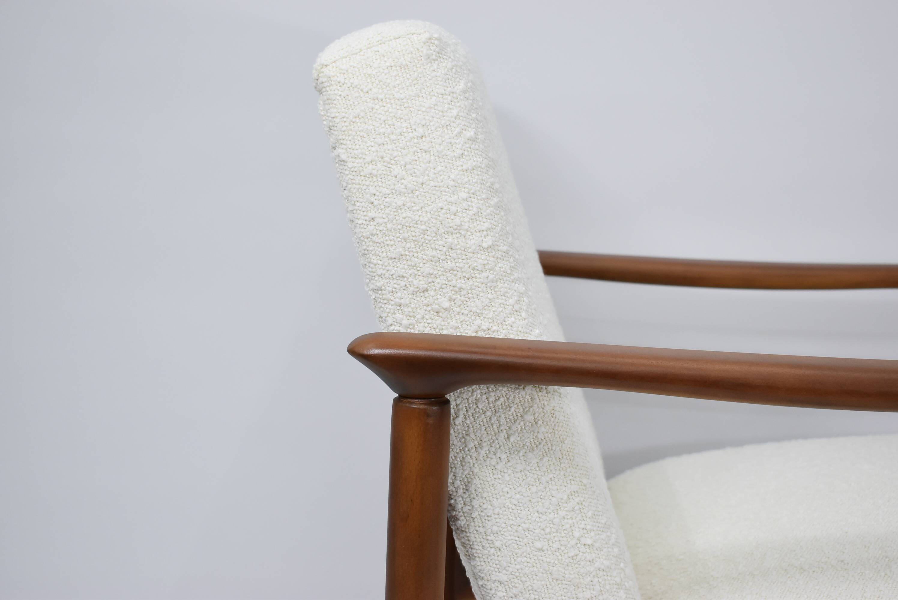 Original vintage armchair, 1960s, designer E.Homma, restored, white bouclé
