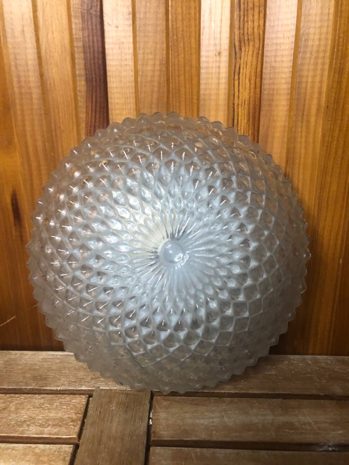 Old molded glass ceiling light + vintage white metal support