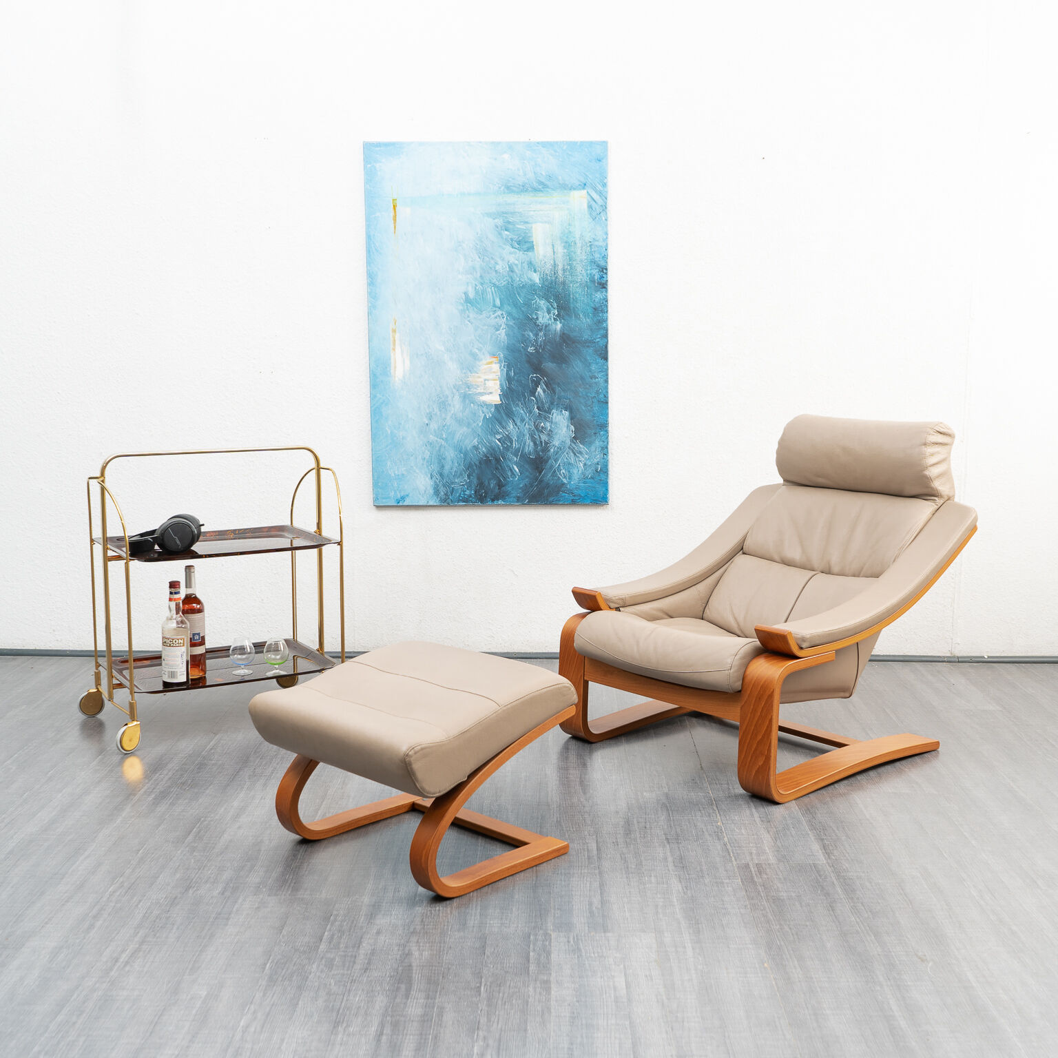 Lounge armchair with footrest, Scandinavian design, Kroken model, leather