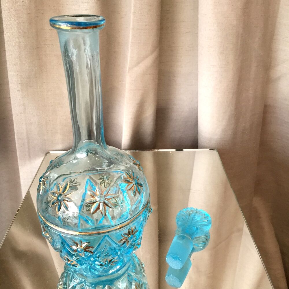Turquoise blue liquor decanter and glass gild mold press of the 1950s