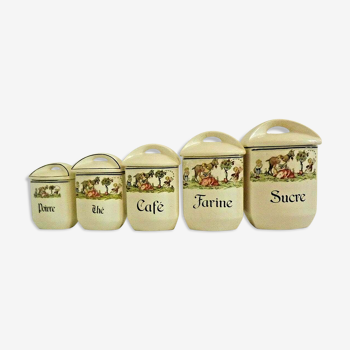 Set of 5 Cream Porcelain Graduated Condiment Pots With Lids