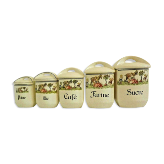 Set of 5 Cream Porcelain Graduated Condiment Pots With Lids