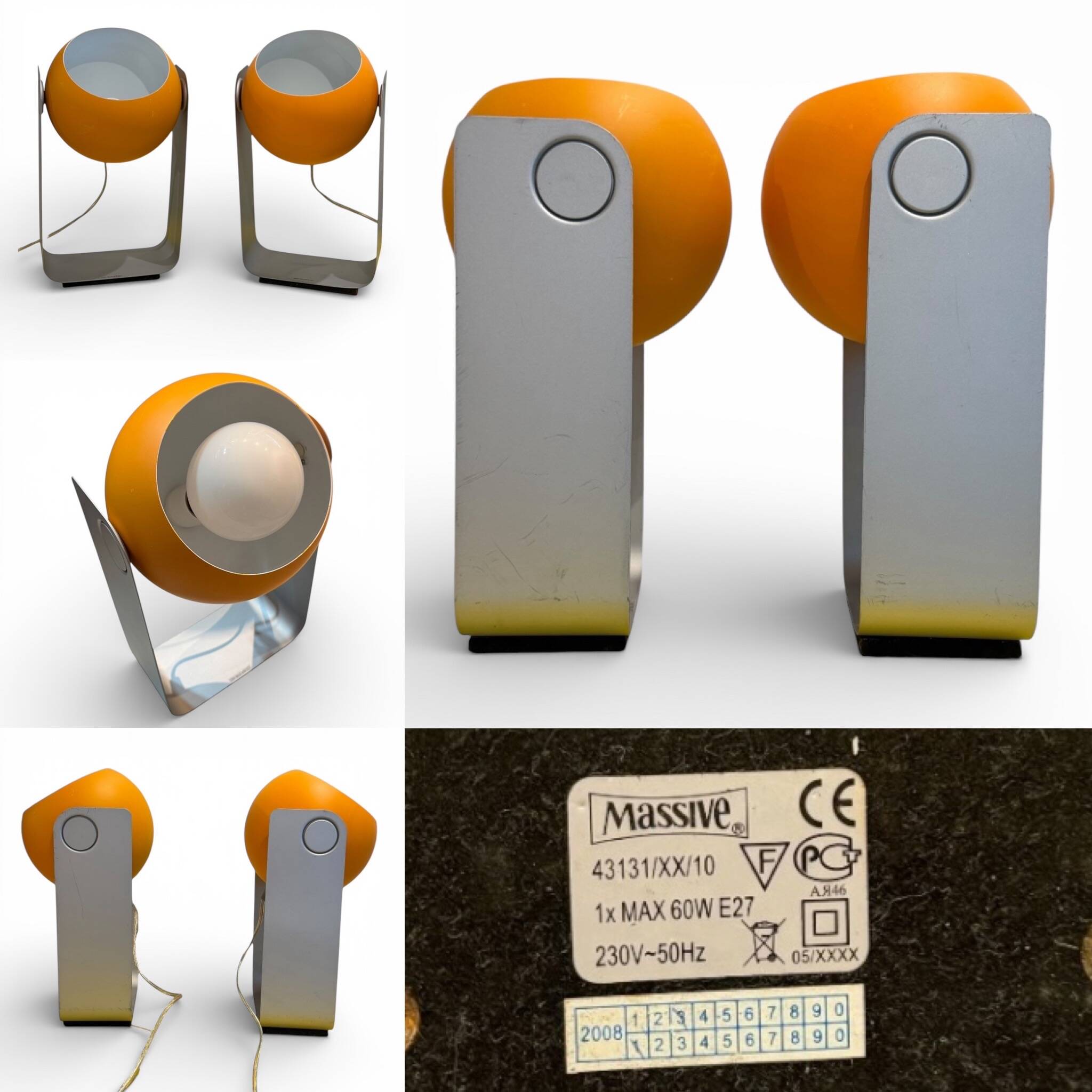 Pair of Space Age eyeball orange lamps by Massive Belgium