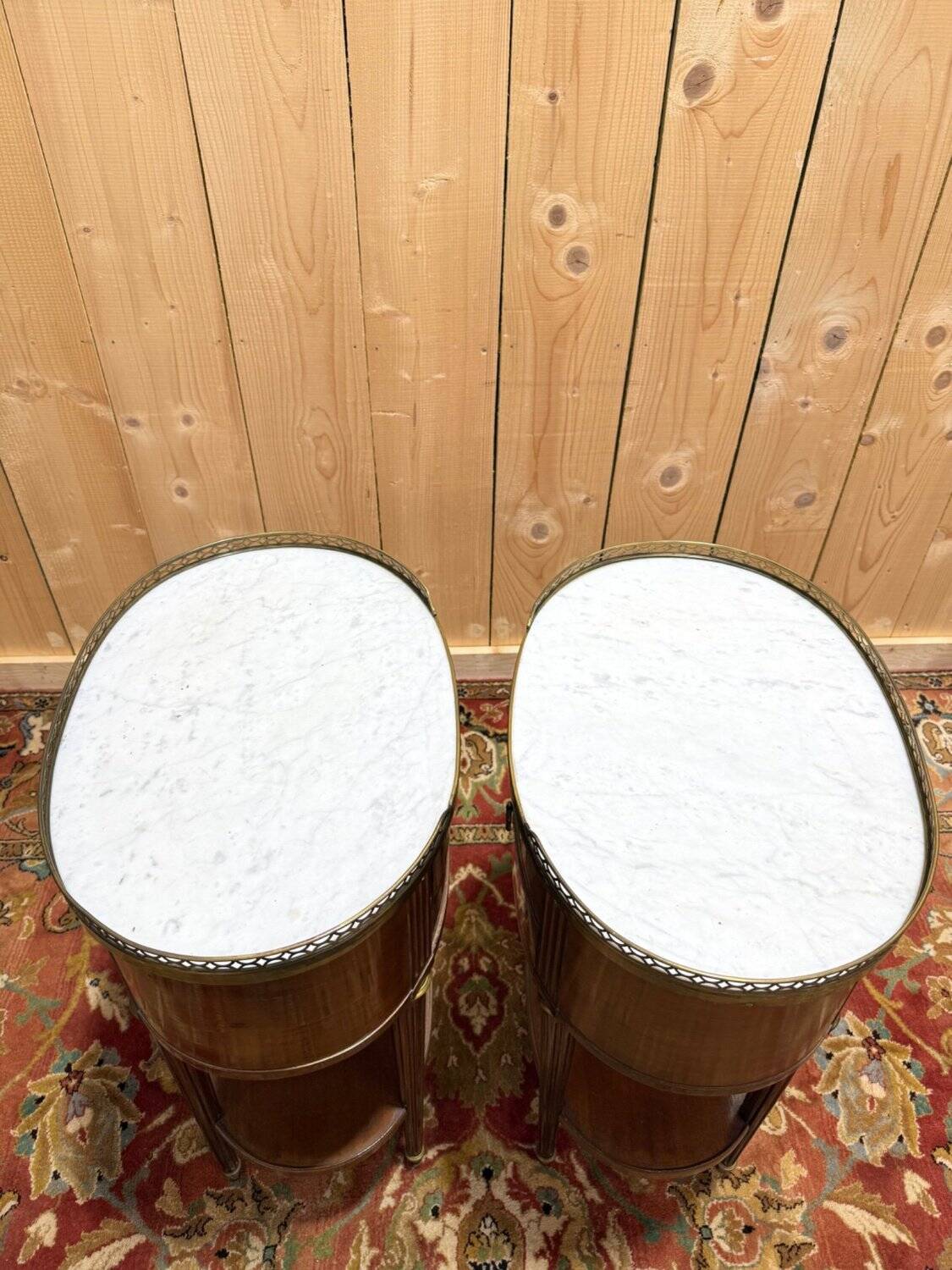 Pair of Louis XVI drum bedside tables in solid mahogany and marble.