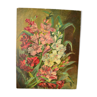 Peinture bouquet de fleurs huile sur bois debut XXeme