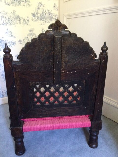 Old Indian armchair carved wood and pink braided rope India antics