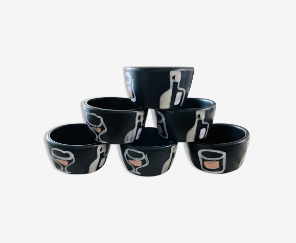 Set de 6 pots ramequins bols vintage céramique peinte 1960