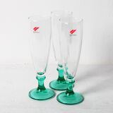 Set of 3 Vintage Green Stem Champagne Flutes: Bormioli Rocco Harmonia, 1990