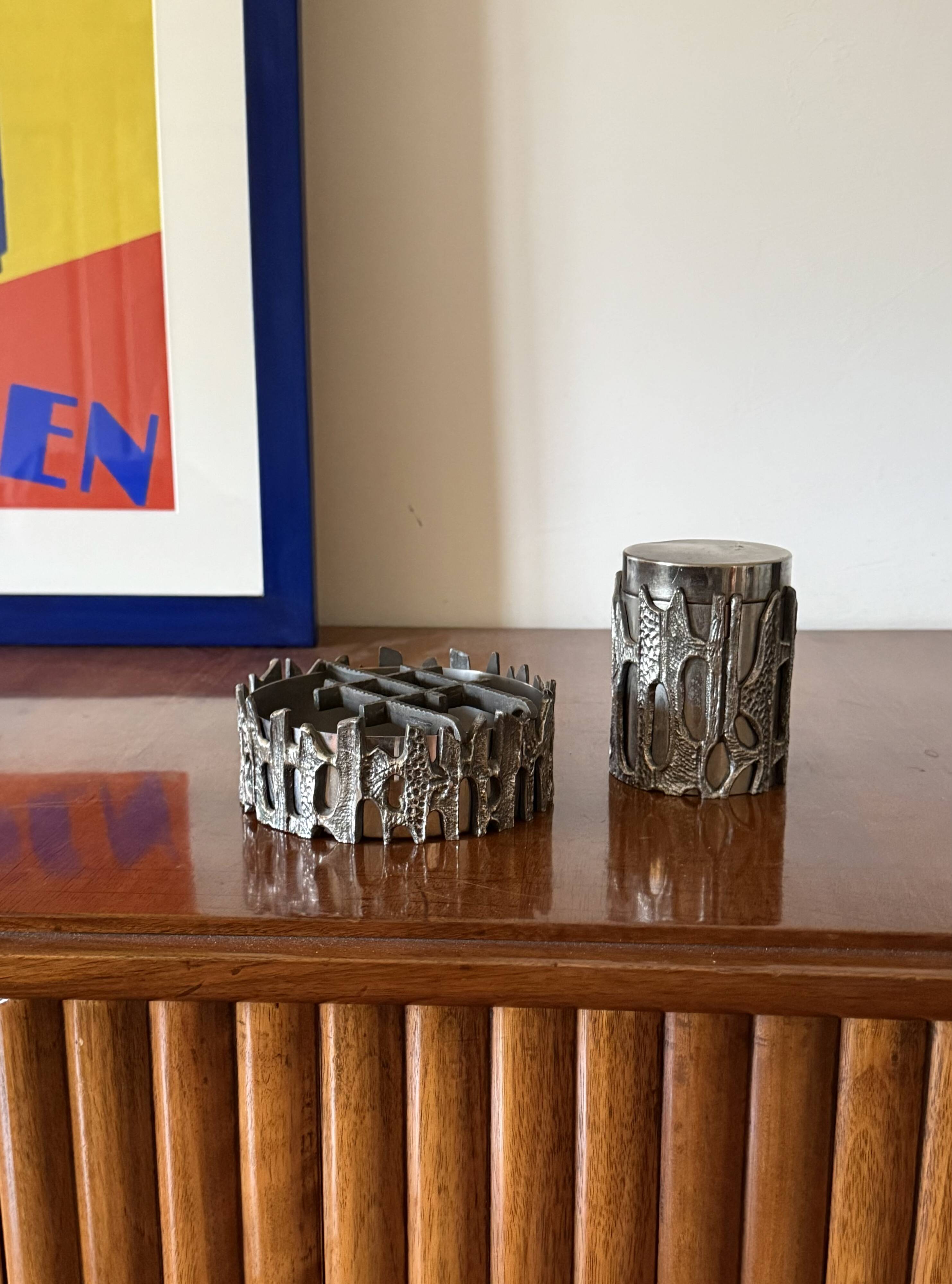 Brutalist top smoking set, ashtray and cigars box, Morbelli Italy 1970