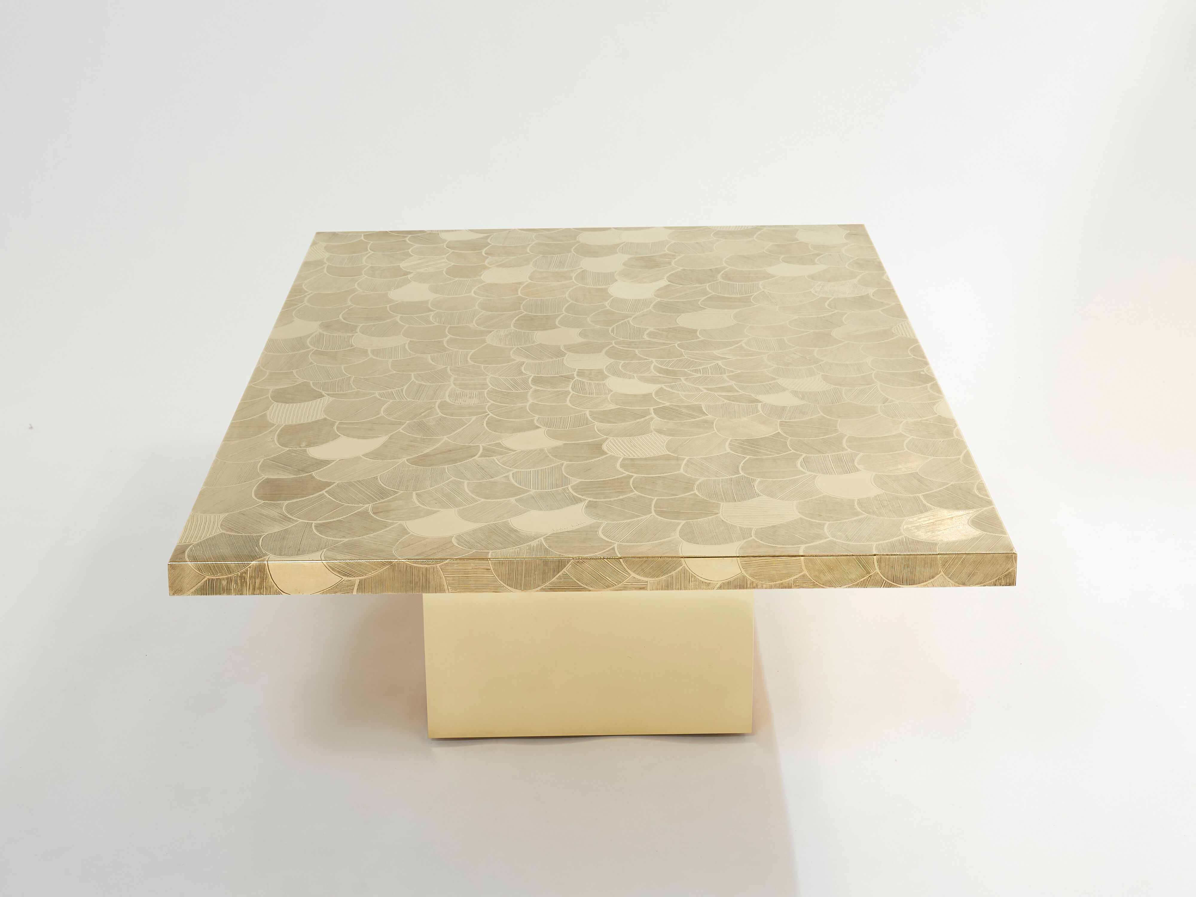 Belgian coffee table in engraved brass signed Christian Krekels 1970