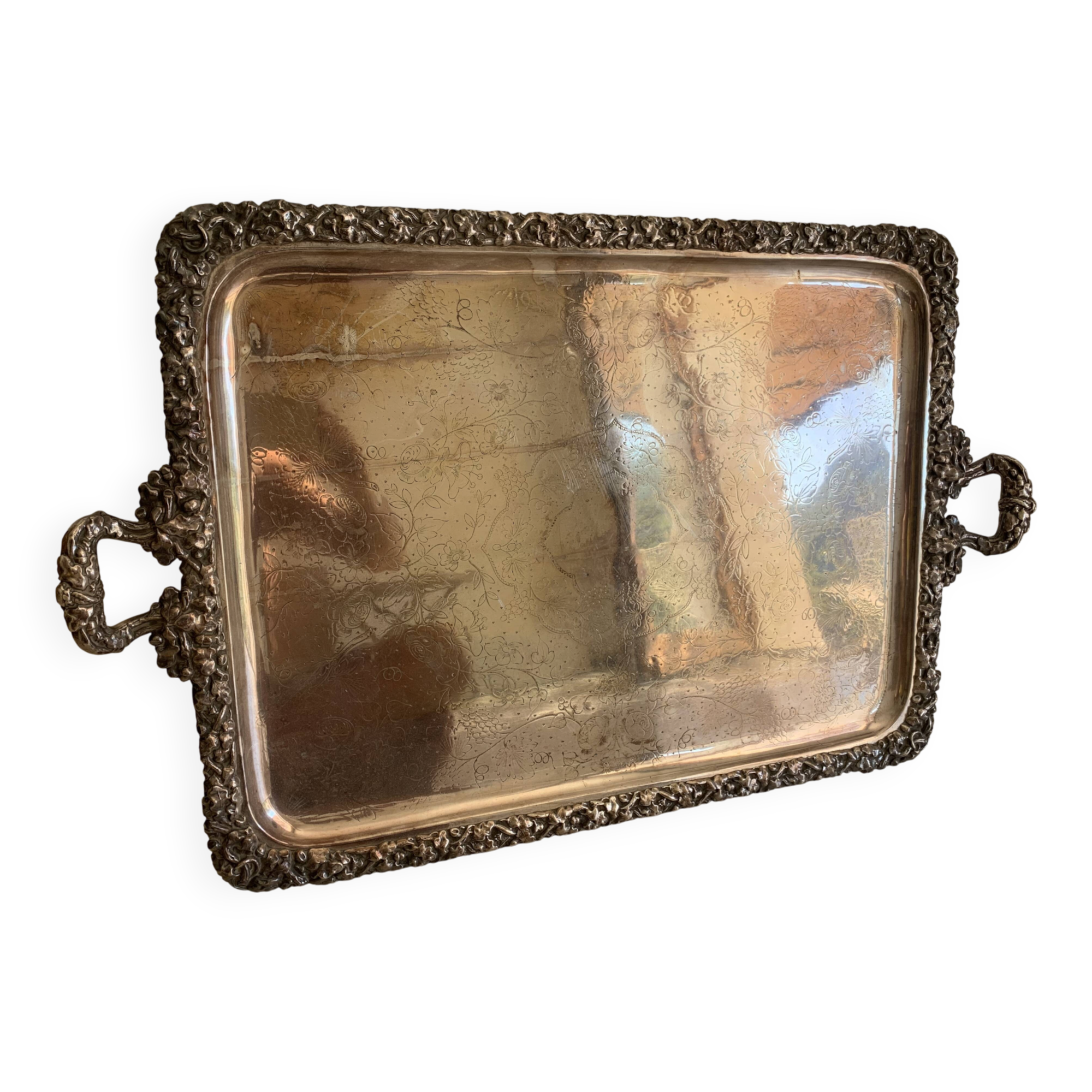 Large silver-plated copper serving tray from the 19th century - 80 x 48 cm