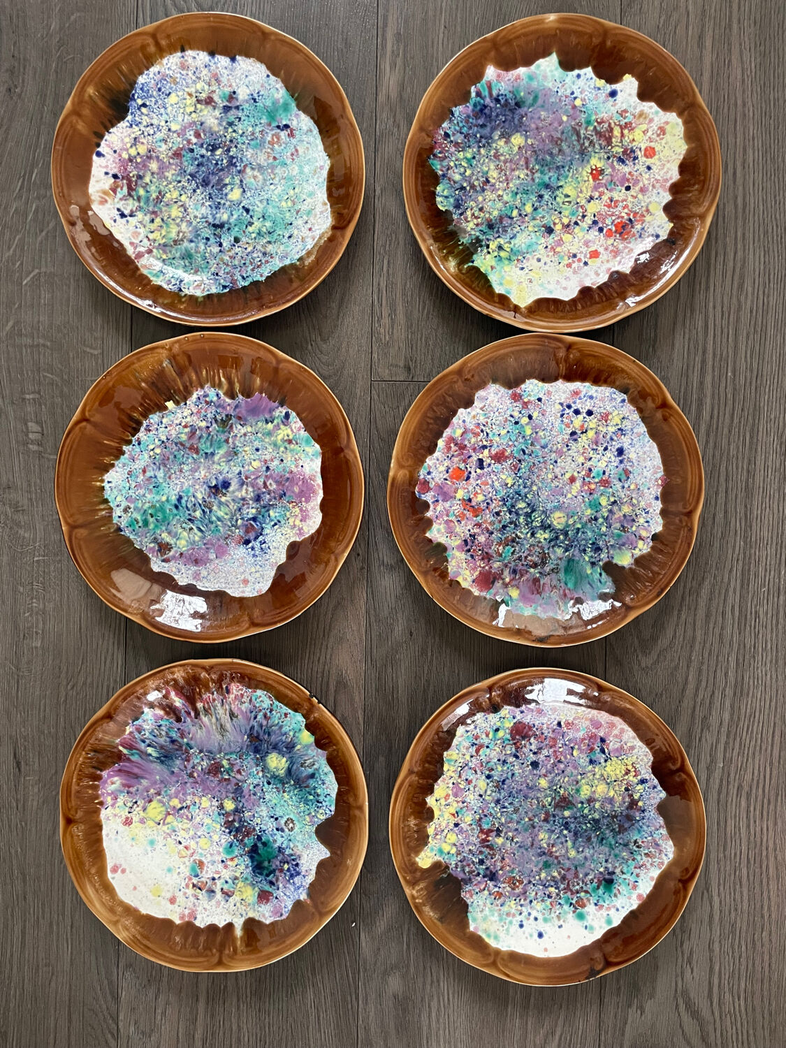 Set of 6 Morvan-signed glazed stoneware dinner plates – ceramics