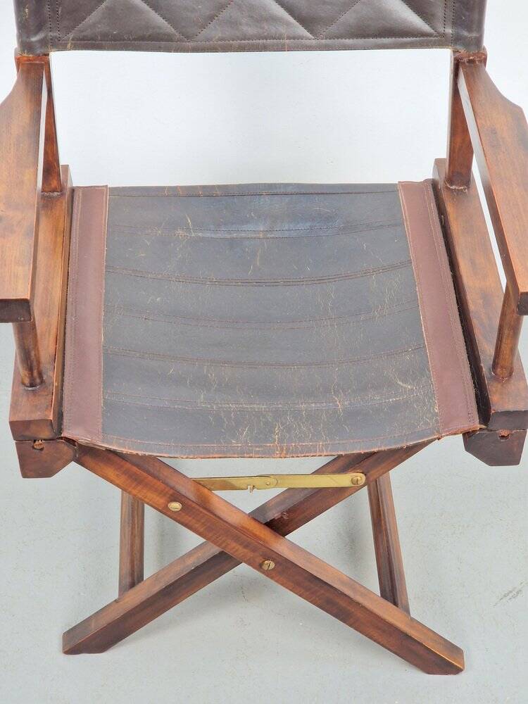 Vintage Director's Folding Chair in Wood and Leather, 1970s