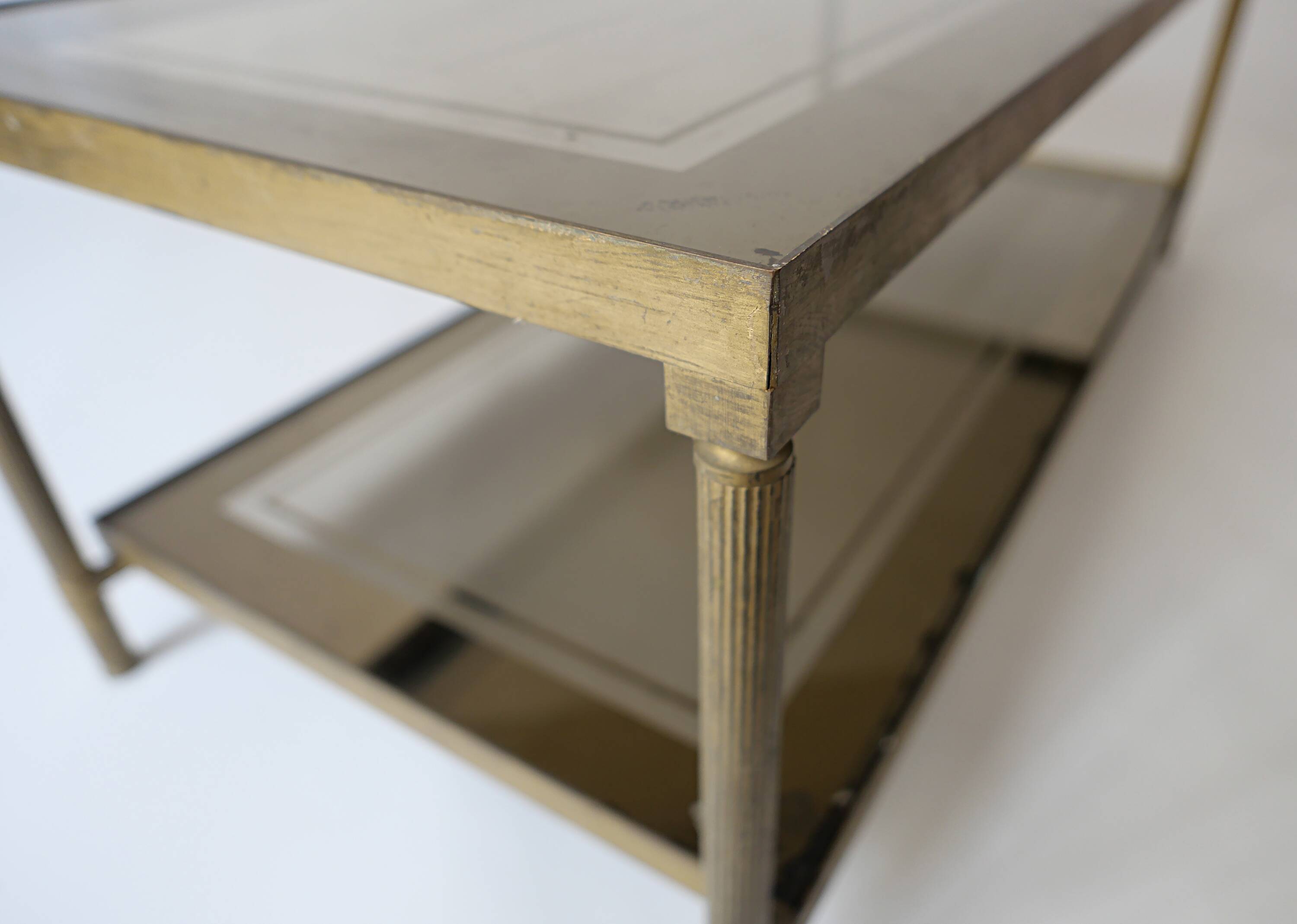 vintage brass coffee table with smoked glass mirror, antique Maison Jansen