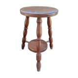 Solid wood turned tripod stool with 2 seats, 1970