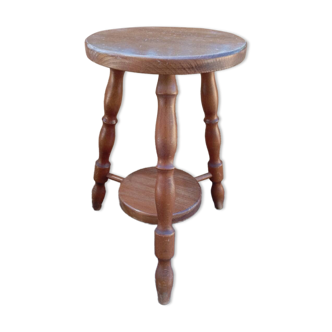 Solid wood turned tripod stool with 2 seats, 1970