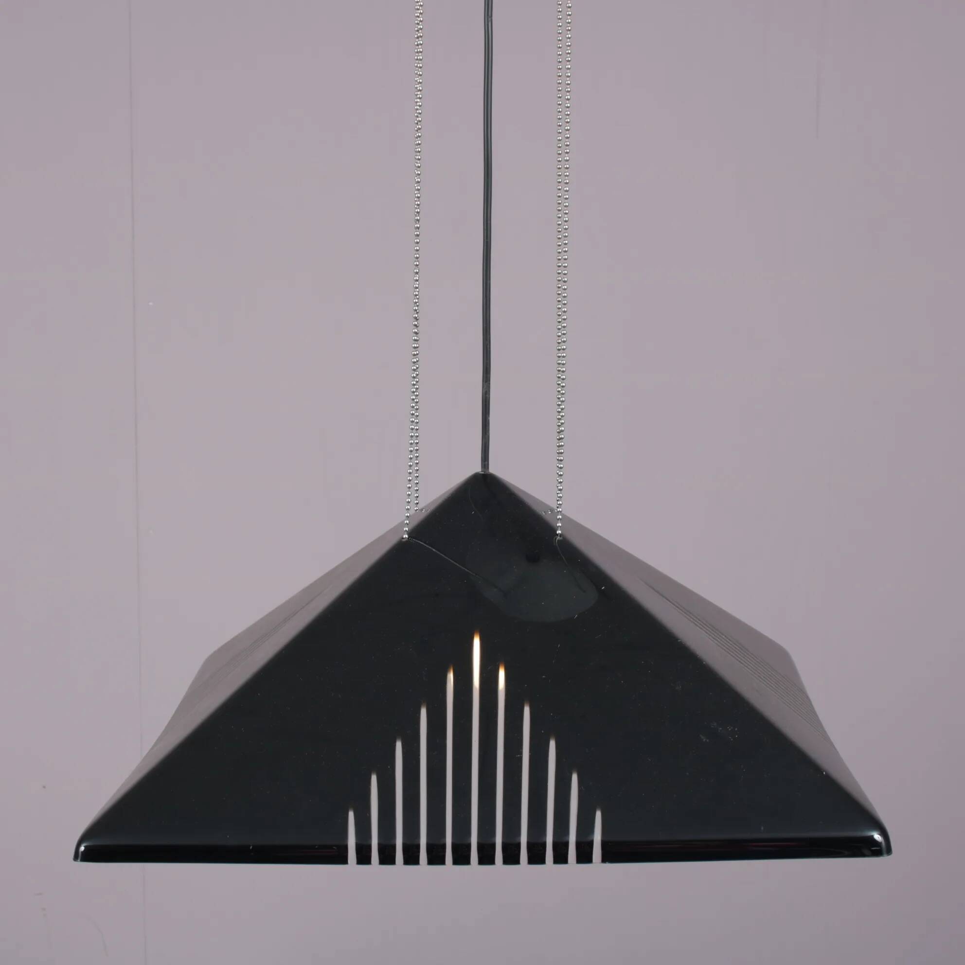 Black plexiglass pendant lamp from the 1980s, mounted on chains, originating from Italy.