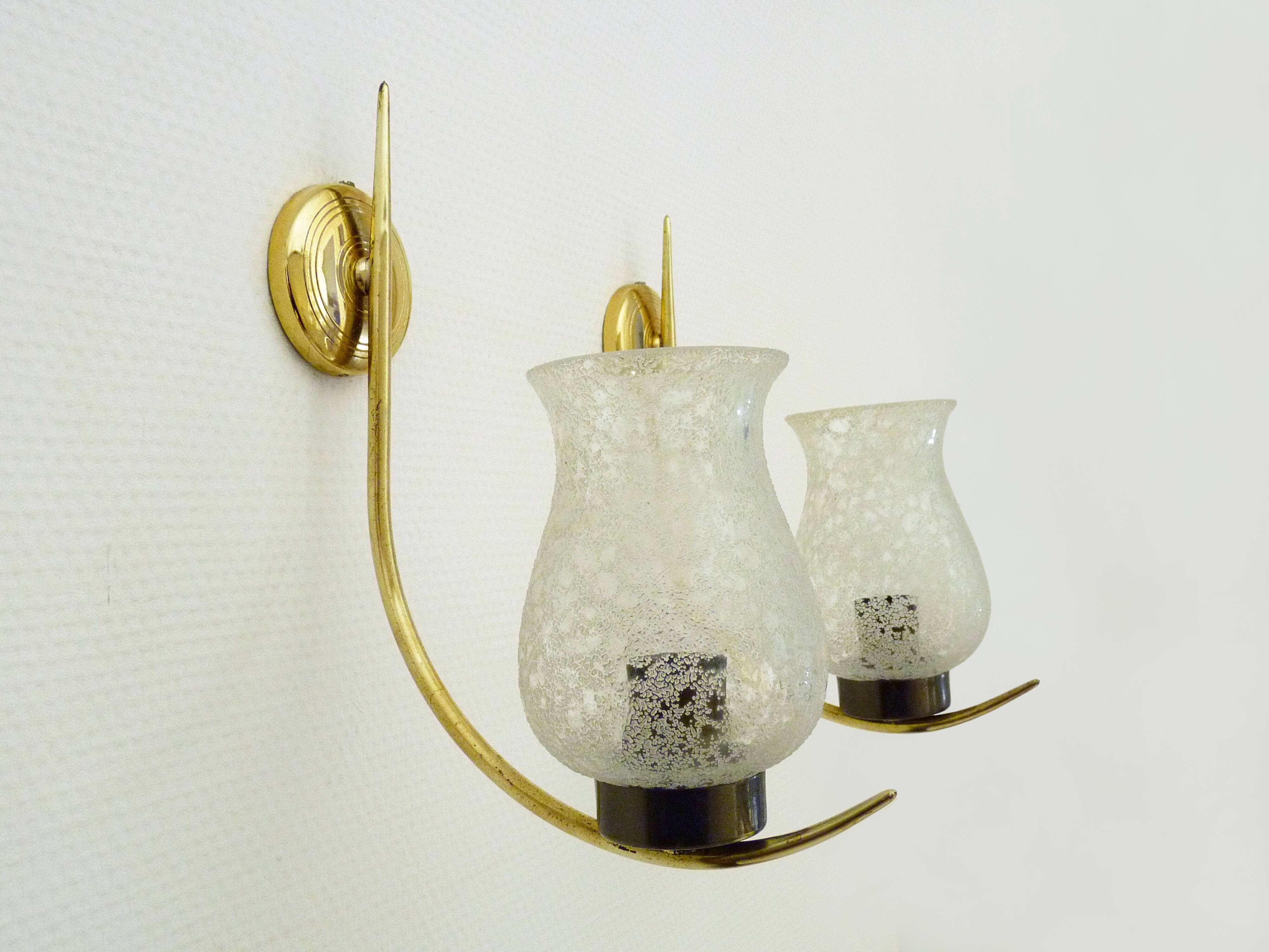 Pair of brass glass tulip wall appliques 60s