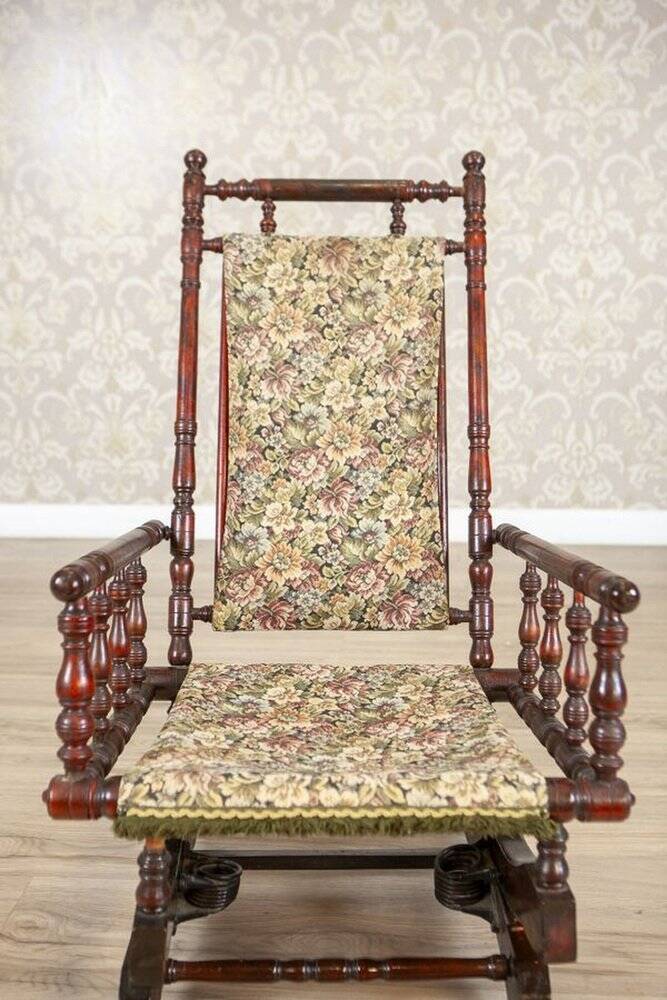 Antique Spring Rocking Chair in Floral Fabric, 1890s