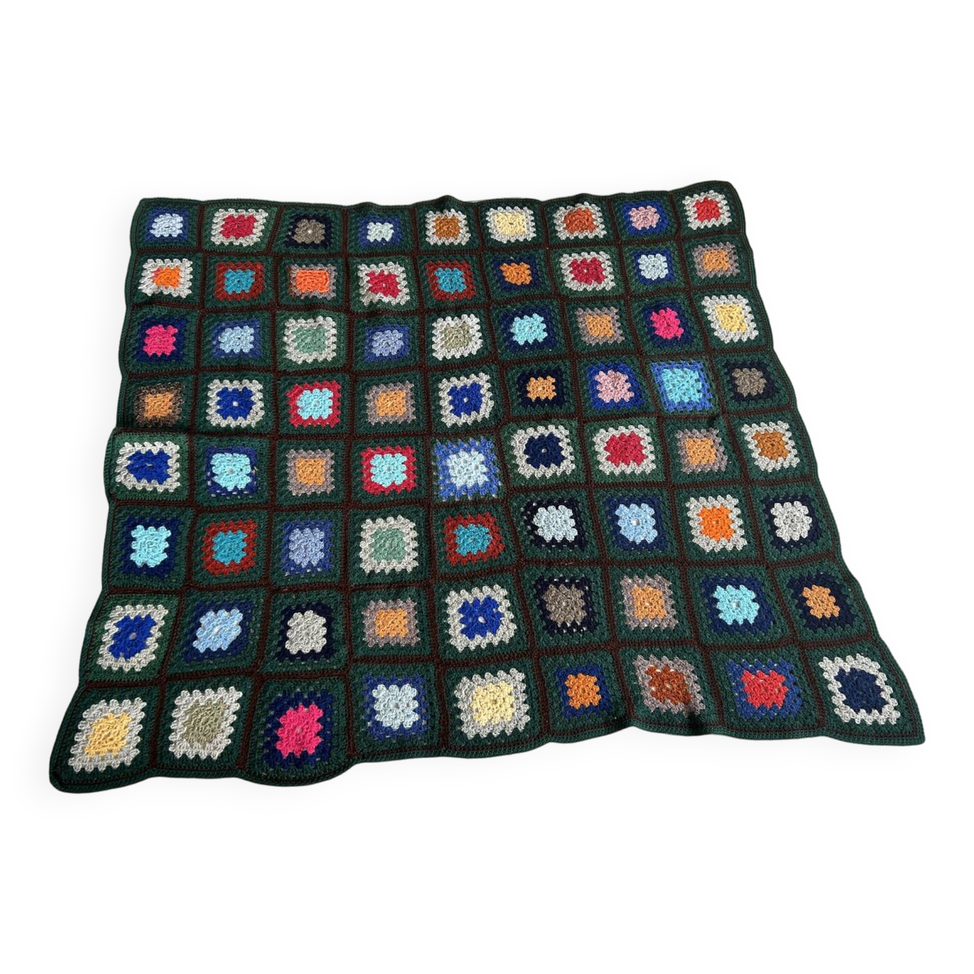 Plaid, sofa throw, crochet, handmade, vintage, 70s