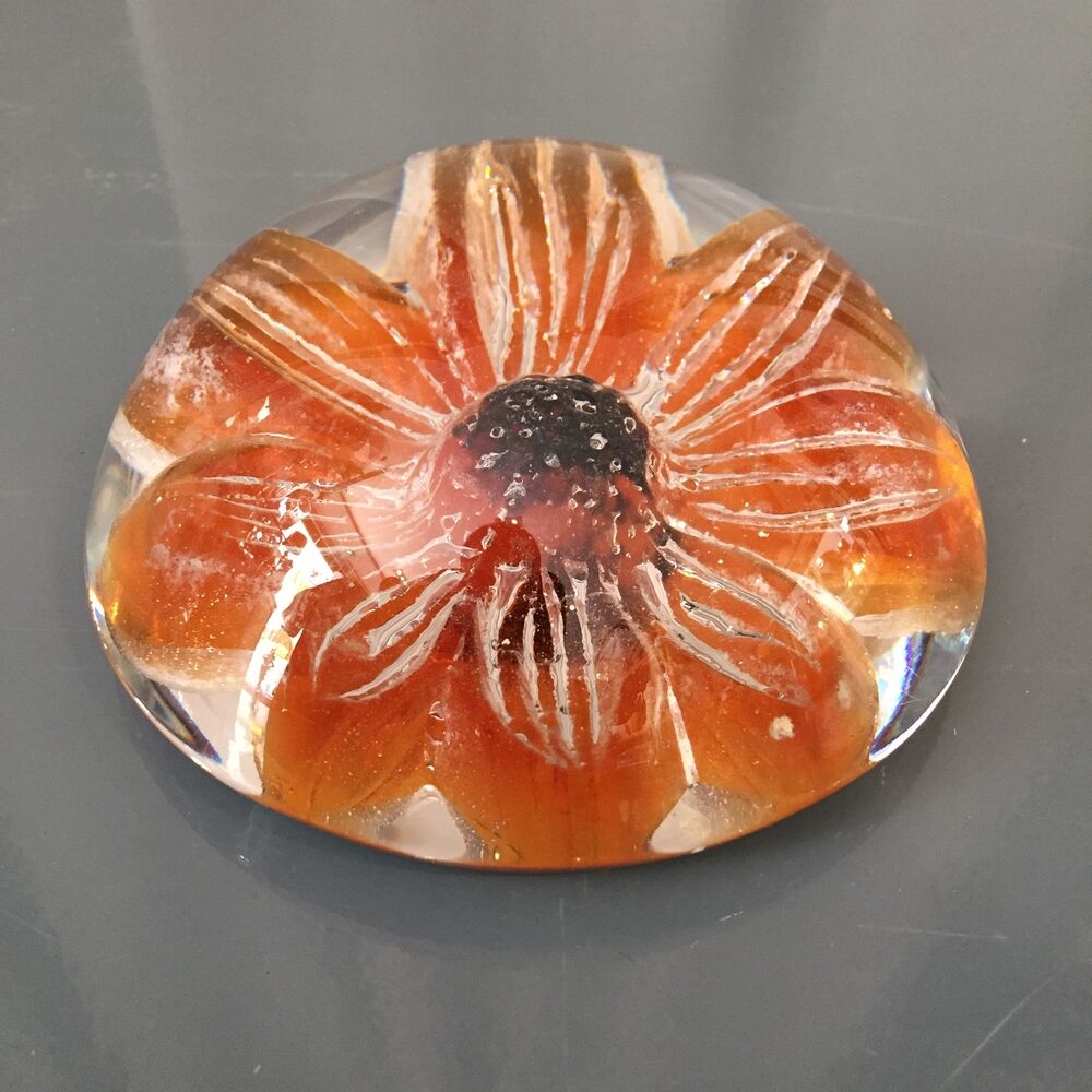 Sulfure presse-papier fleur orange ambre daum france
