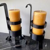 Pair of vintage brutalist iron candlesticks