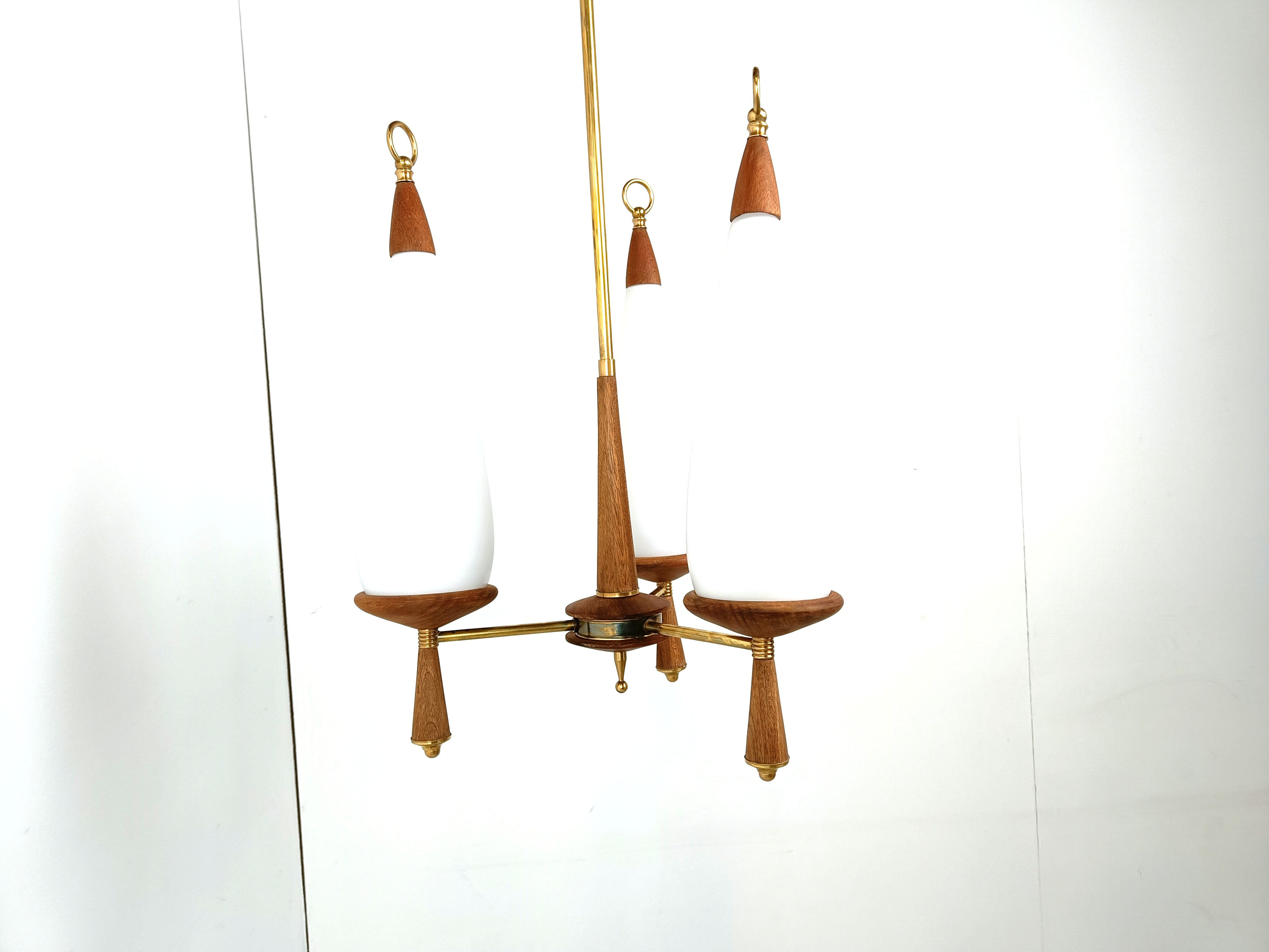 Vintage teak chandelier with white glass shades, 1960s