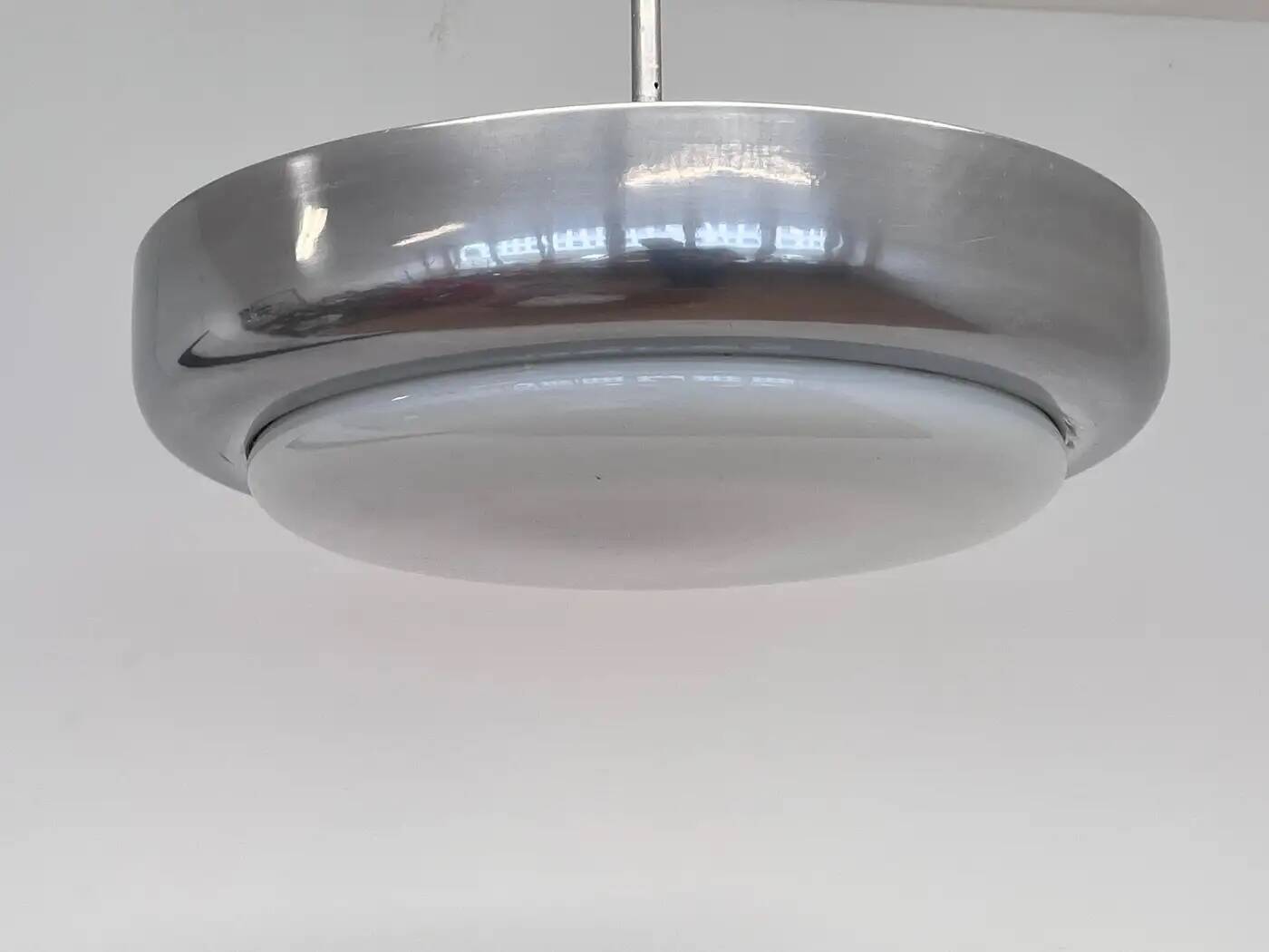 Big chrome milk glass Bauhaus pendant / lamp - 1930s