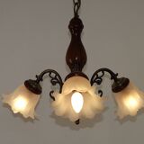 French Mid-Century 3-Light Wood and Bronzed Metal Chandelier with Glass Shades
