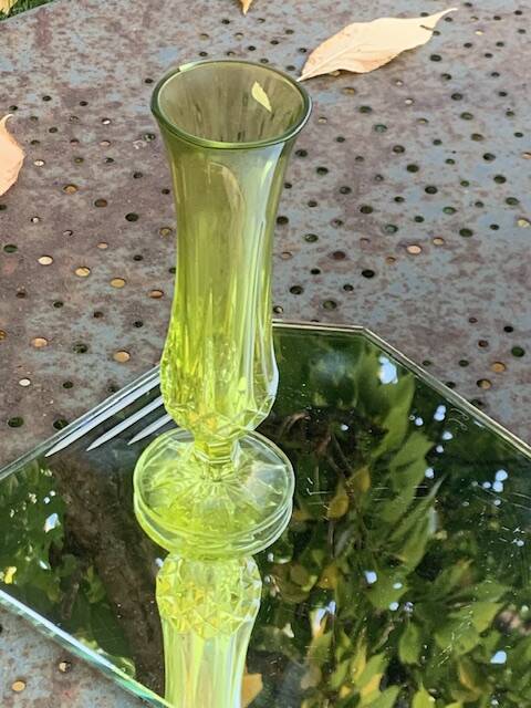 Anise green glass soliflore vase, diamond base pattern, vintage and designer