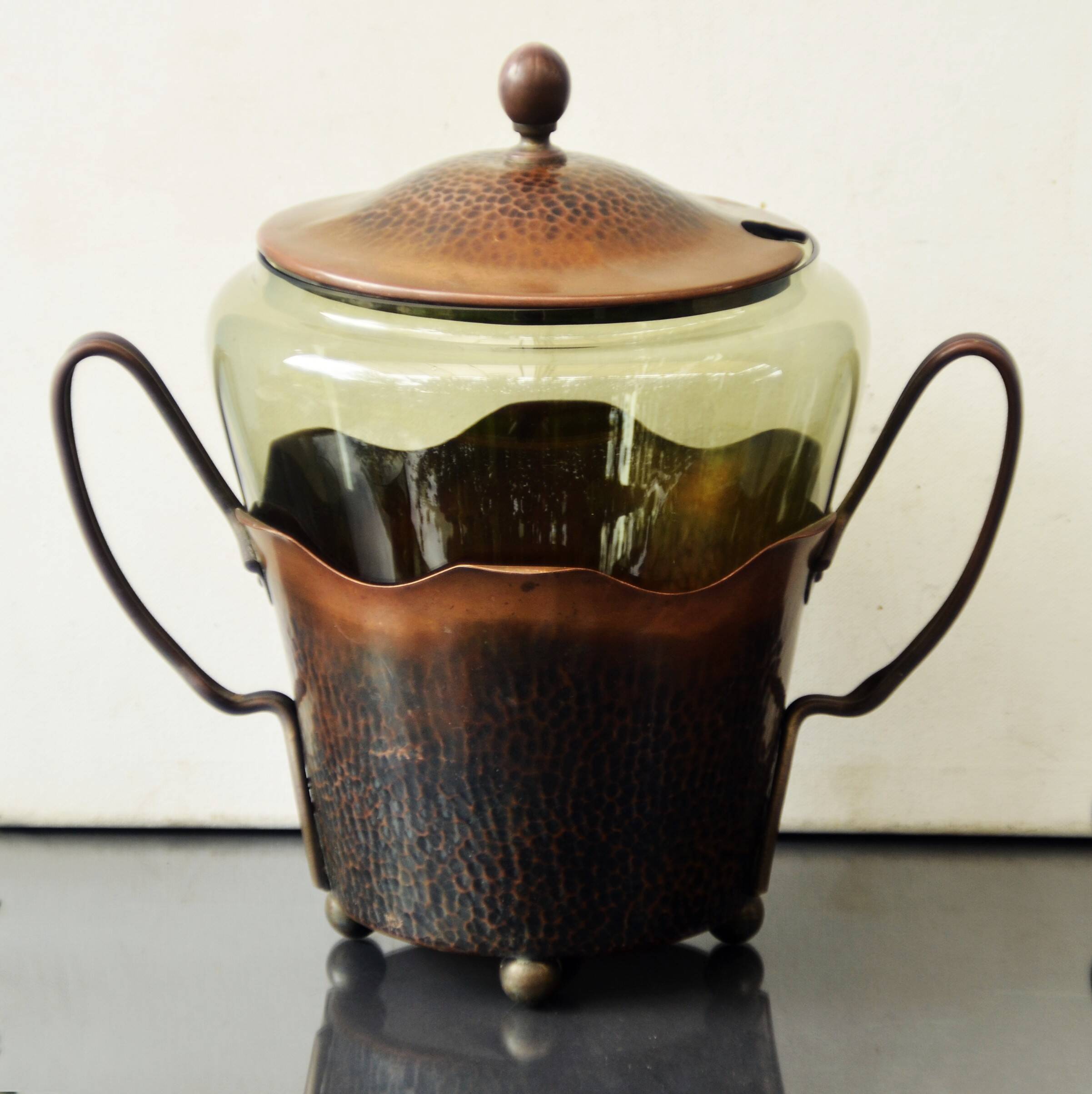 Art Nouveau Smoked Glass Punch Bowl Copper Crafted by Carl Deffner