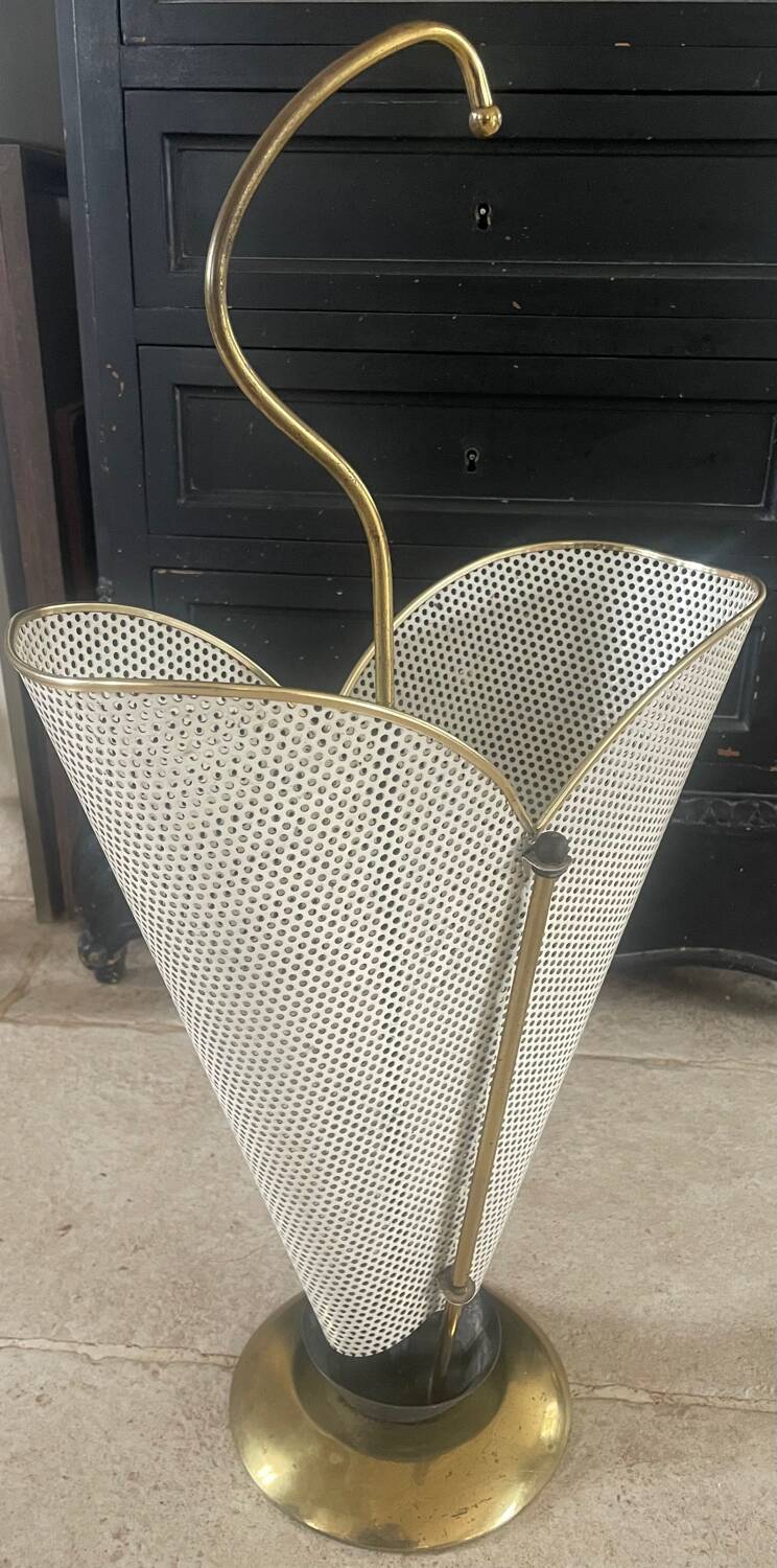 Metal umbrella stand with rigitulle and brass from the 1950s.