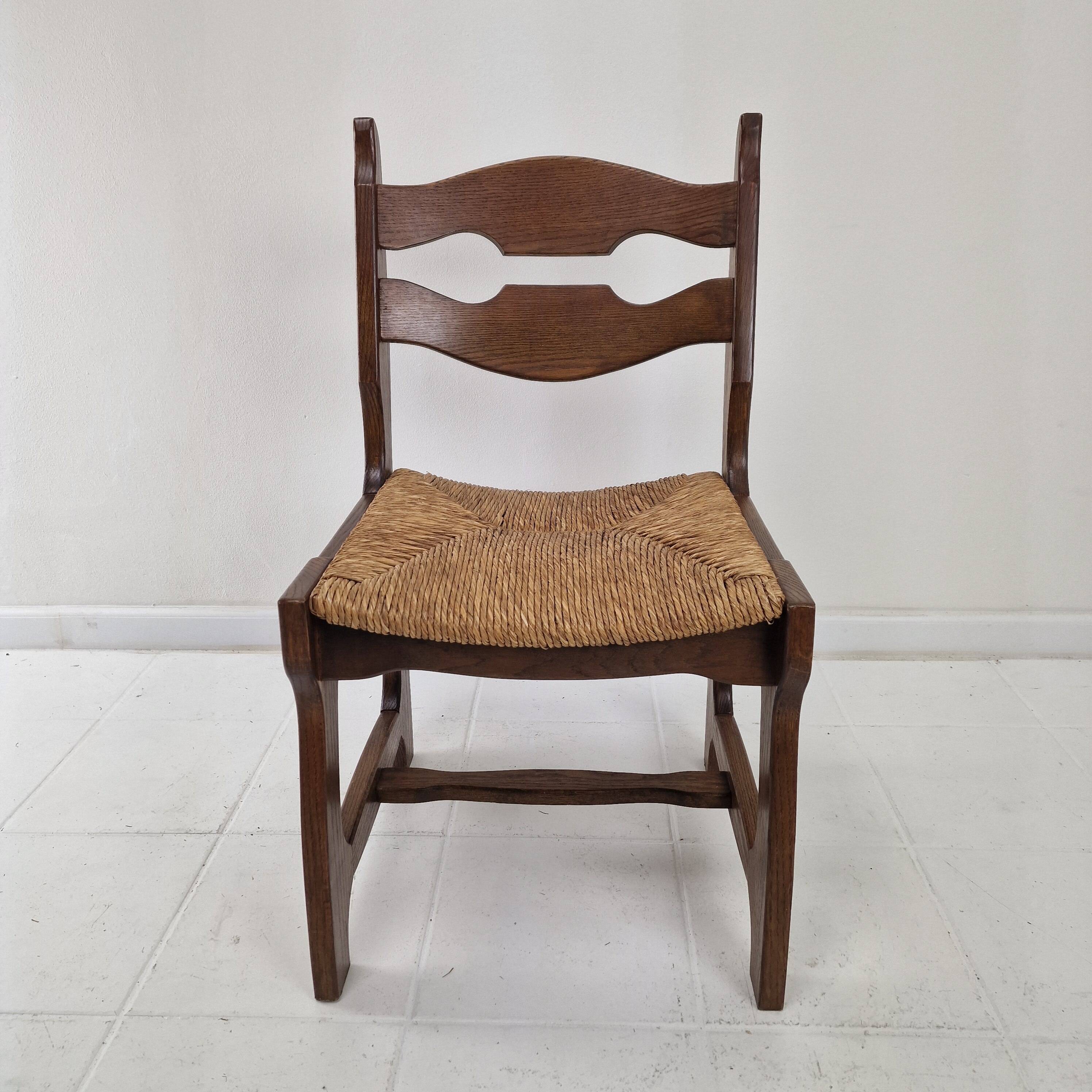 MidCentury Brutalist Oak "Razor Blade" Dining Chairs, Set of 6, France 60's