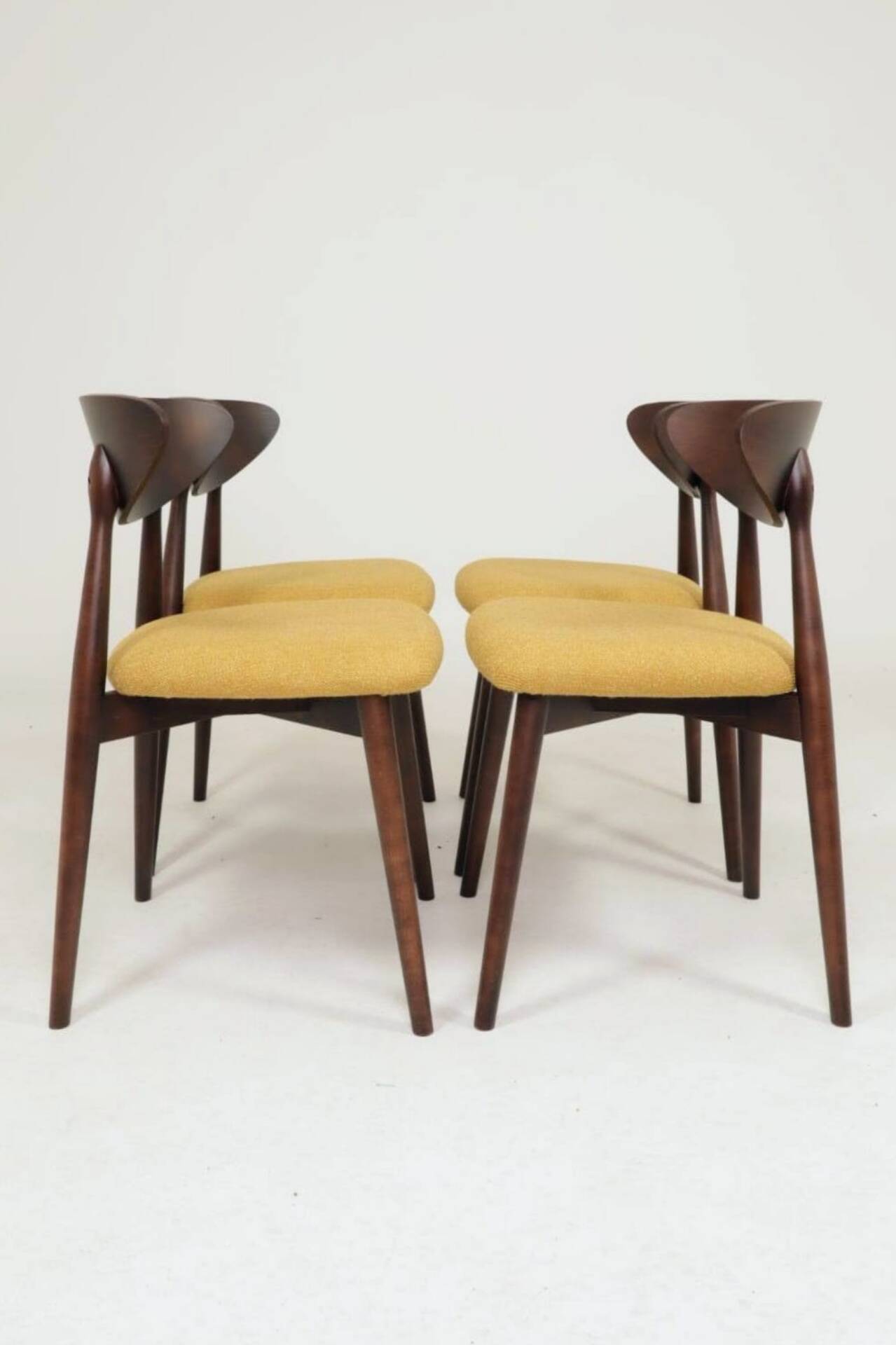 Modern Set of 4 Dining Chairs, Ochre Bouclè and Dark walnut beech wood