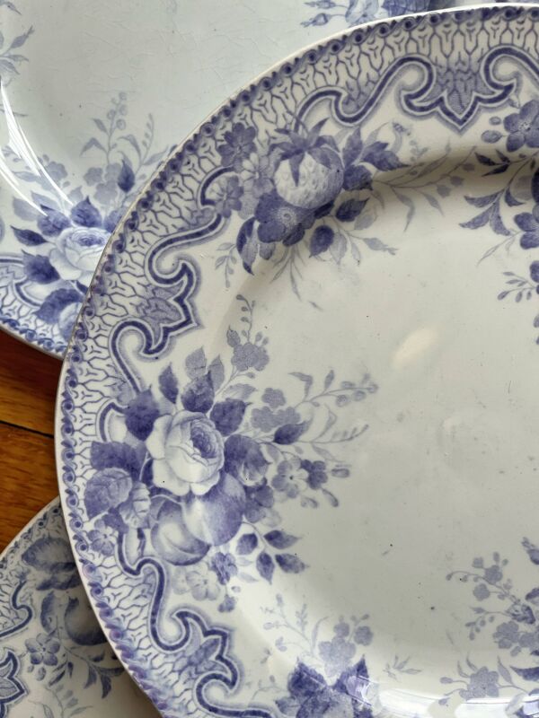 8 assiettes plates en terre de fer Bouquets, Creil et Montereau fin 19eme