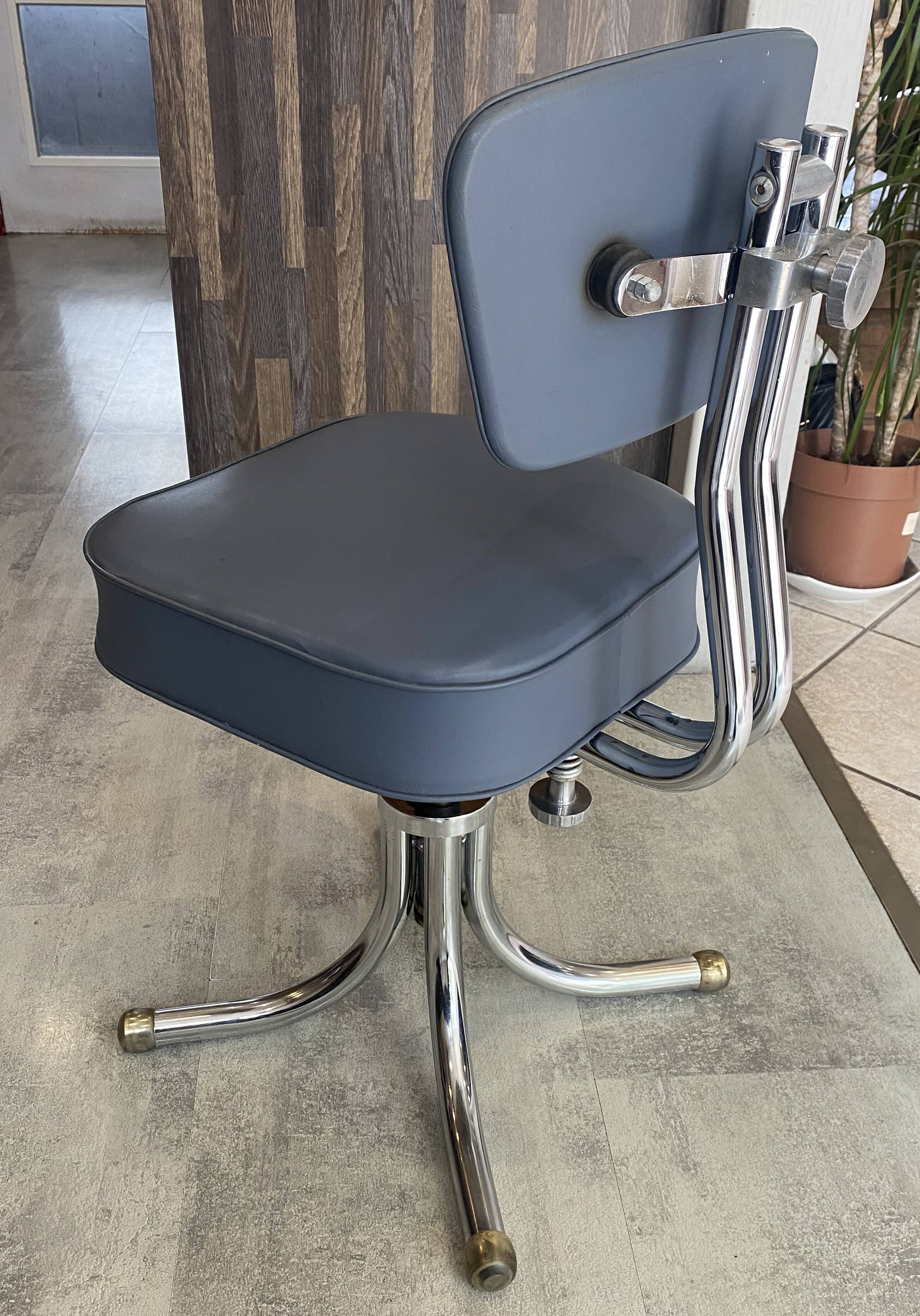 Swivel office chair in Roneo style, grey faux leather with vintage chrome.