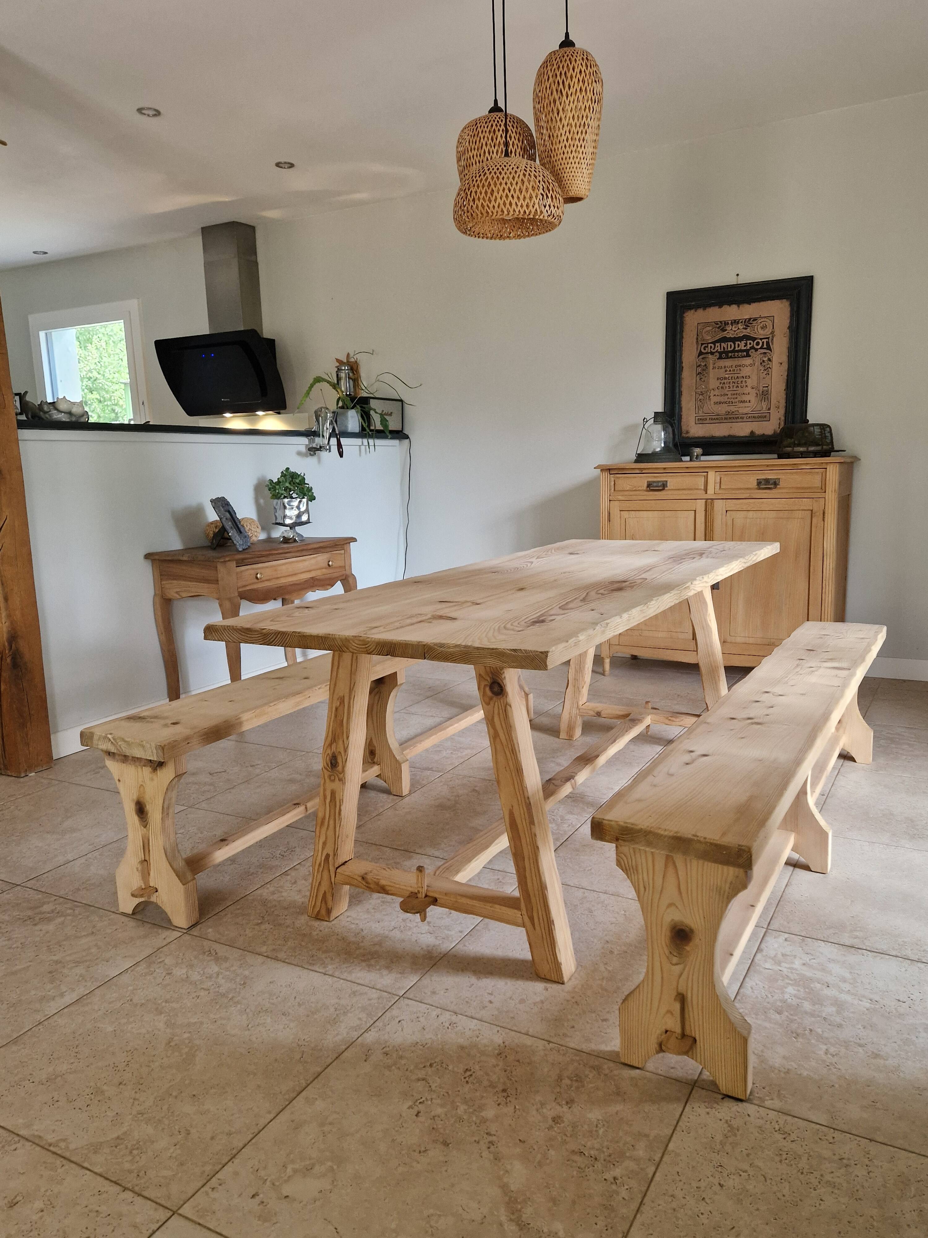 farm table and wooden benches