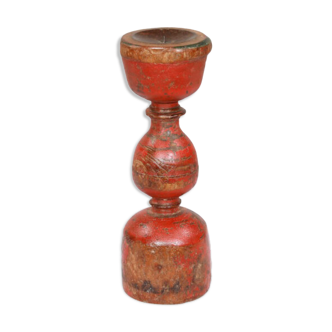 Bougeoir haut bois vieux teck patine d'origine ancien pied de charpoy lit indien 13x37cm