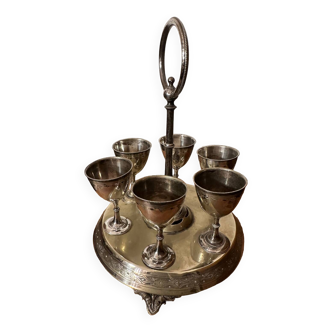 Egg Plate / Egg Display with 6 Egg Cups in Silver Metal, Late 19th Century