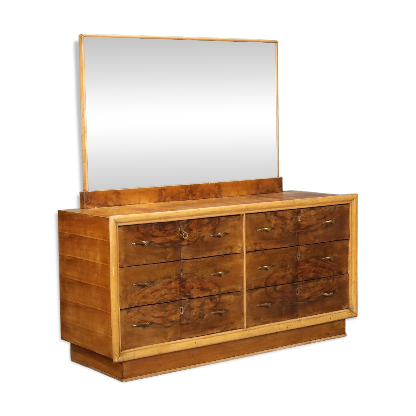 Vintage walnut burl commode with brass handles, Italian design from the 1940s.
